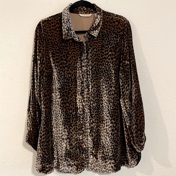 Soft Surroundings Brown Longline Cheetah Print Velvet Silk Button Down Top - Picture 2 of 14